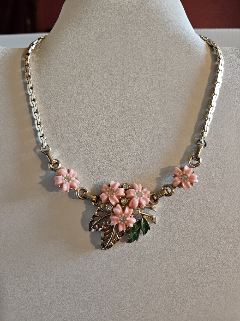 Vintage Barclay Gold-Tone Necklace with Pink Floral Accents